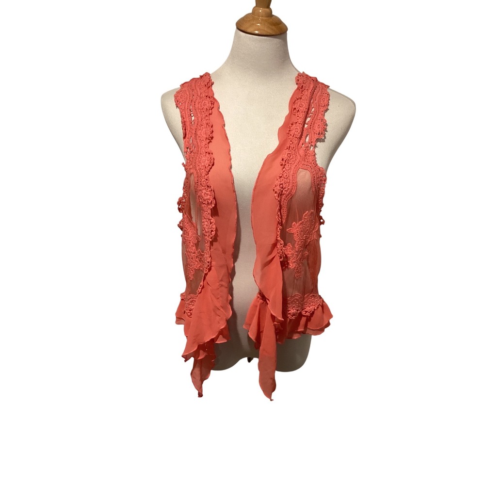 Umgee USA Coral Pink Lace Mesh Ruffle Open‎ Front Vest Boho Romantic S/M